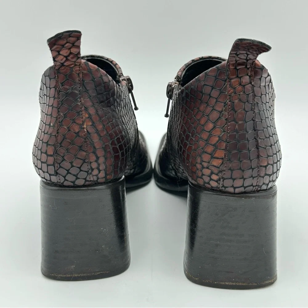 VS Dark Brown Leather Snakeskin Print Square Toe Block Heel Booties